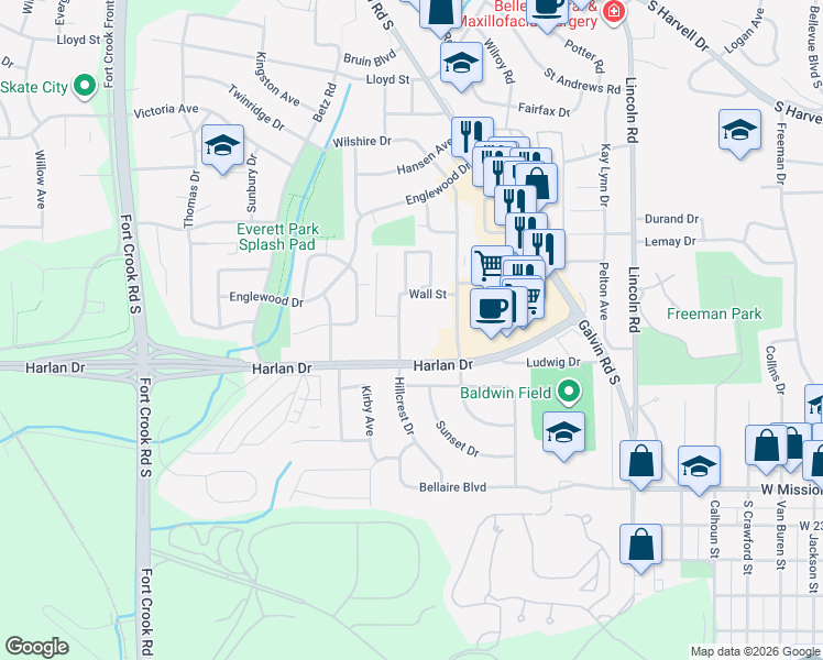 map of restaurants, bars, coffee shops, grocery stores, and more near 1902 Harlan Drive in Bellevue