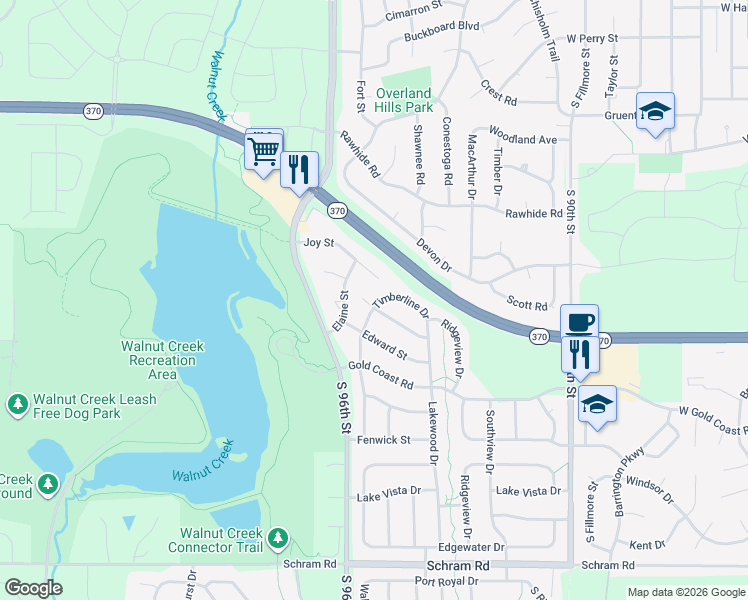 map of restaurants, bars, coffee shops, grocery stores, and more near 1112 Woodview Circle in Papillion