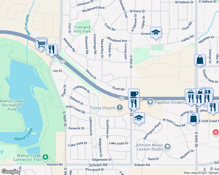 map of restaurants, bars, coffee shops, grocery stores, and more near 1335 Scott Road in Papillion