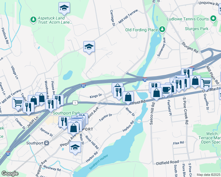 map of restaurants, bars, coffee shops, grocery stores, and more near 12 Mill Hill Road in Fairfield