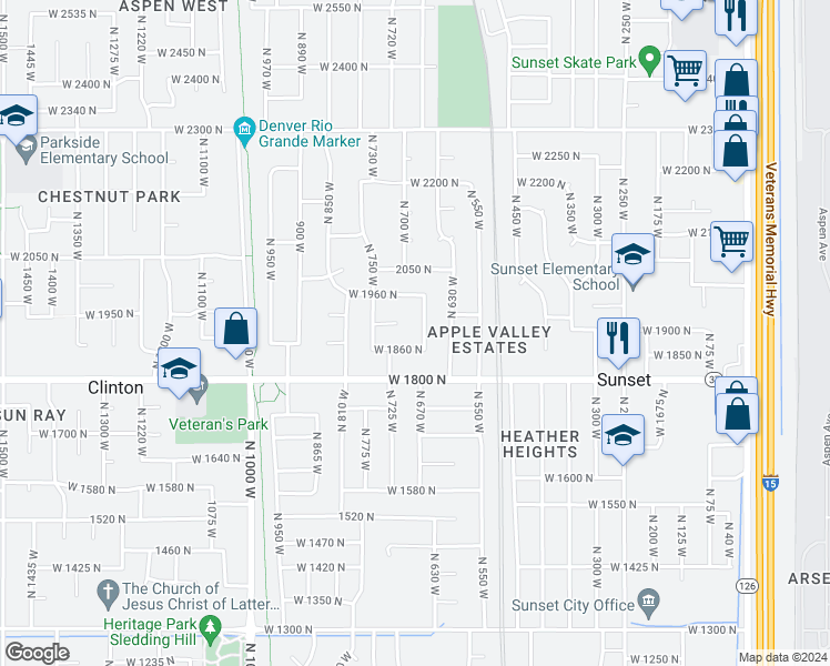 map of restaurants, bars, coffee shops, grocery stores, and more near 1881 North 660 West in Clinton