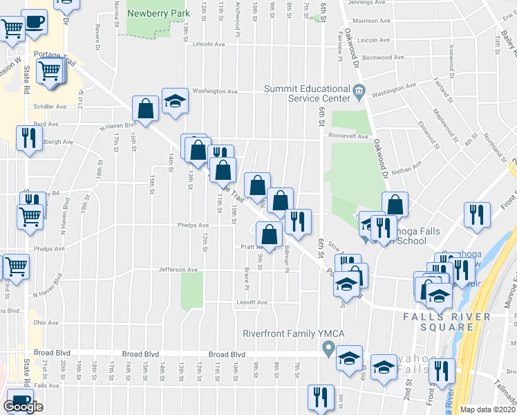 map of restaurants, bars, coffee shops, grocery stores, and more near 909 Portage Trail in Cuyahoga Falls