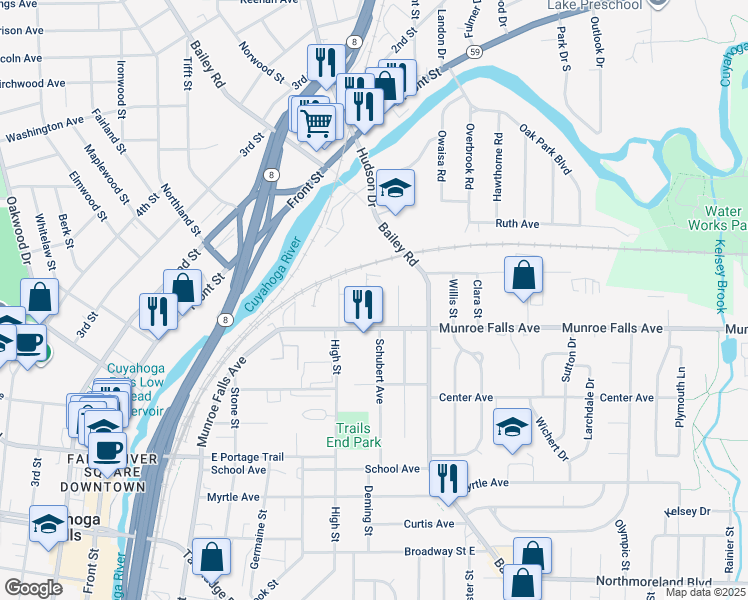 map of restaurants, bars, coffee shops, grocery stores, and more near 2445 Russell Street in Cuyahoga Falls