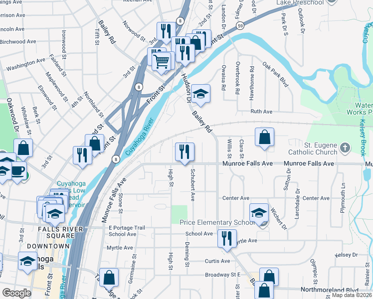map of restaurants, bars, coffee shops, grocery stores, and more near 2455 Russell Street in Cuyahoga Falls