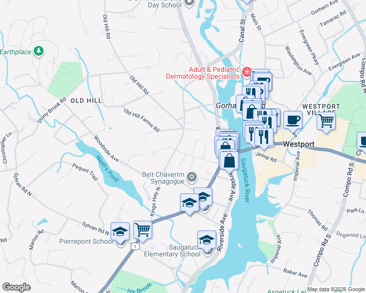 map of restaurants, bars, coffee shops, grocery stores, and more near 78 Kings Highway North in Westport
