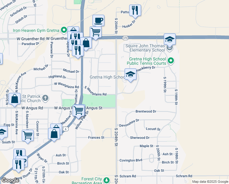 map of restaurants, bars, coffee shops, grocery stores, and more near 238 East Westplains Road in Gretna