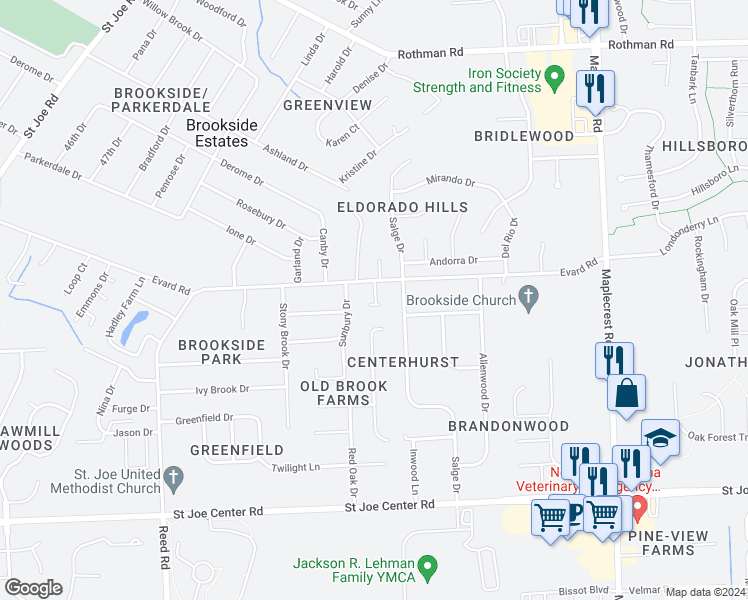 map of restaurants, bars, coffee shops, grocery stores, and more near 5414 Evard Road in Fort Wayne