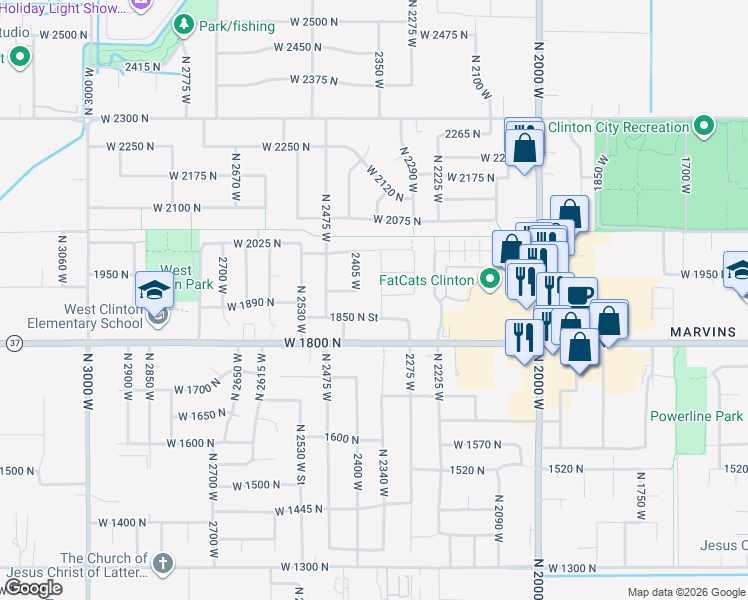 map of restaurants, bars, coffee shops, grocery stores, and more near 1881 North 2350 West in Clinton
