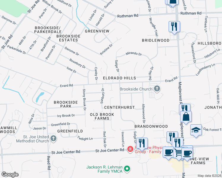 map of restaurants, bars, coffee shops, grocery stores, and more near 5416 Evard Road in Fort Wayne