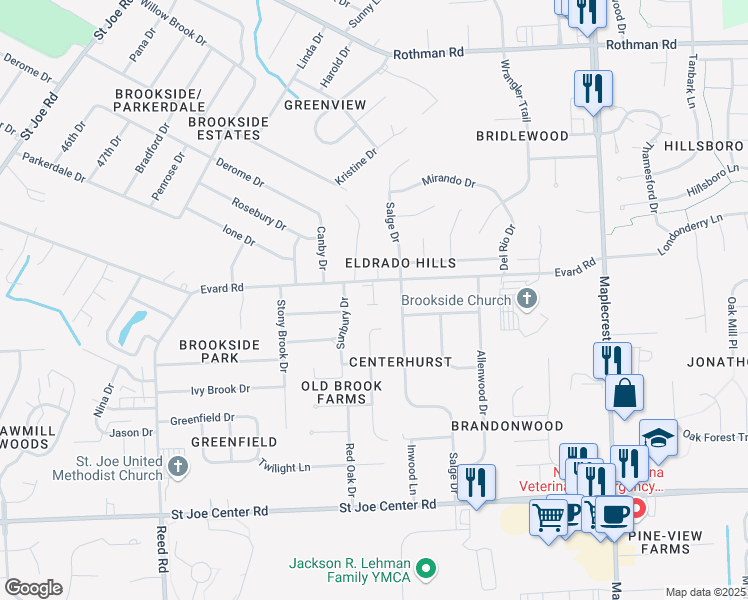 map of restaurants, bars, coffee shops, grocery stores, and more near 5442 Evard Road in Fort Wayne