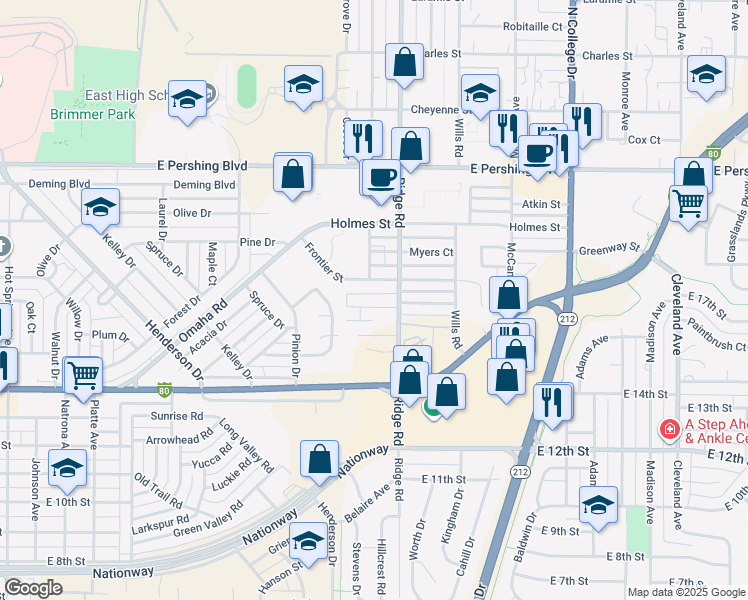 map of restaurants, bars, coffee shops, grocery stores, and more near 3319 Frontier Street in Cheyenne