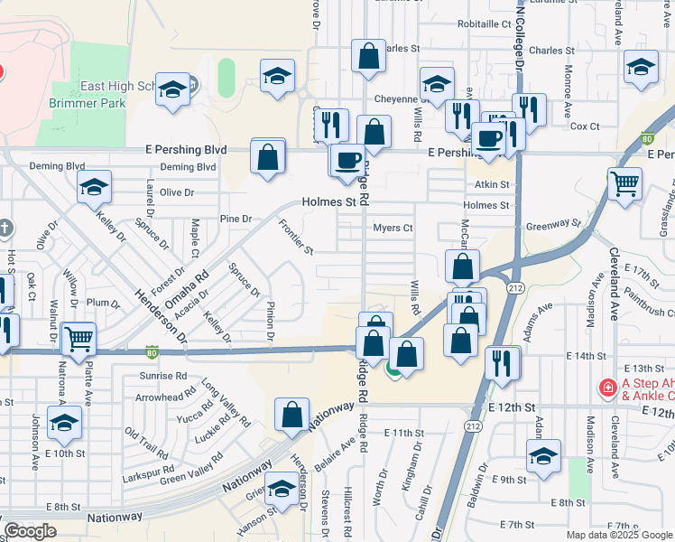 map of restaurants, bars, coffee shops, grocery stores, and more near 3207 Frontier Street in Cheyenne