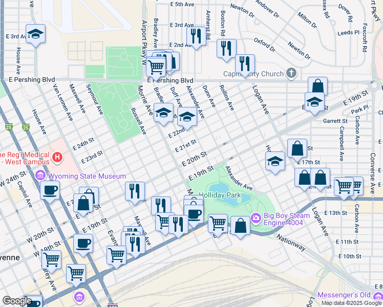 map of restaurants, bars, coffee shops, grocery stores, and more near 1123 East 21st Street in Cheyenne