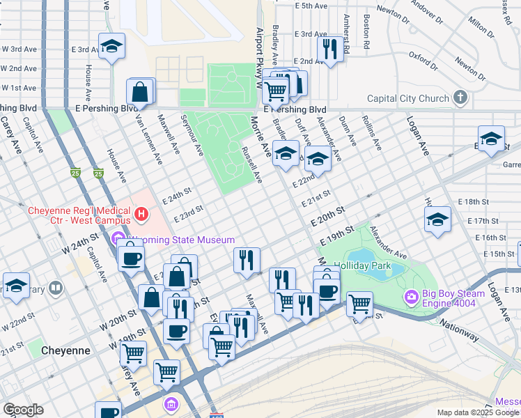 map of restaurants, bars, coffee shops, grocery stores, and more near 814 East 22nd Street in Cheyenne