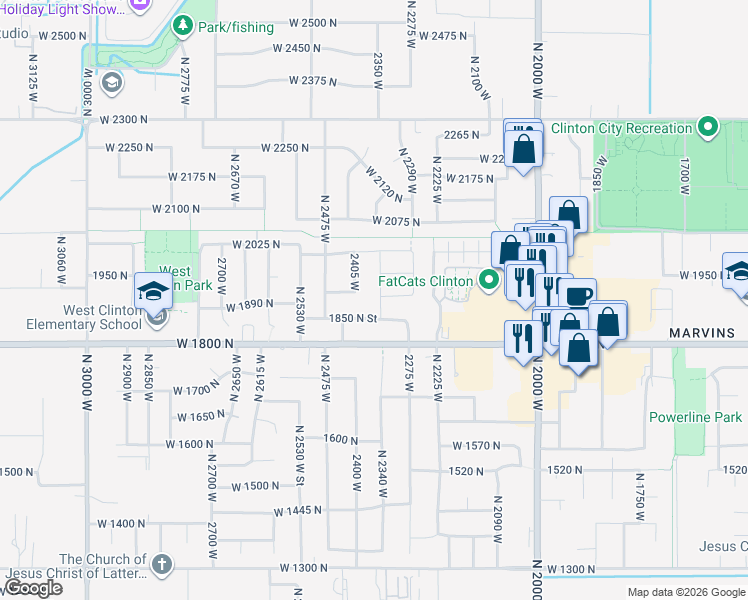 map of restaurants, bars, coffee shops, grocery stores, and more near 2341 West 1950 North in Clinton