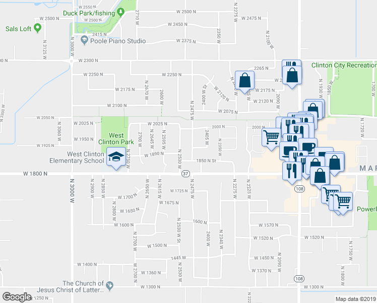 map of restaurants, bars, coffee shops, grocery stores, and more near 1949 North 2475 West in Clinton