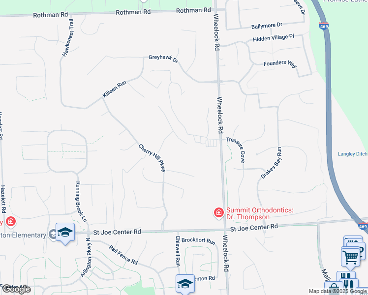 map of restaurants, bars, coffee shops, grocery stores, and more near 8915 Crestfield Court in Fort Wayne