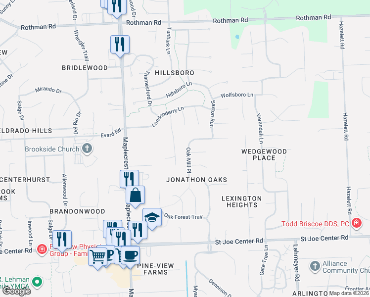 map of restaurants, bars, coffee shops, grocery stores, and more near 6617 Oak Mill Place in Fort Wayne