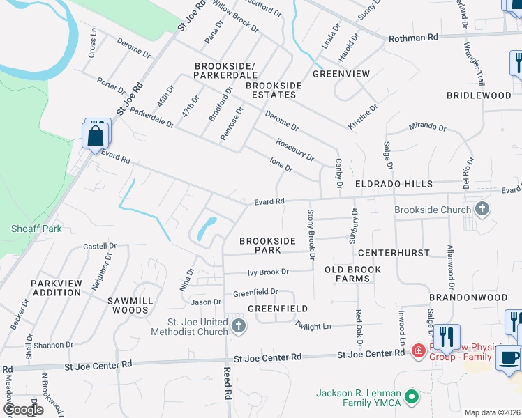map of restaurants, bars, coffee shops, grocery stores, and more near 4767 Evard Rd in Fort Wayne