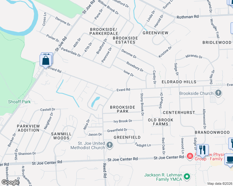 map of restaurants, bars, coffee shops, grocery stores, and more near 4767 Evard Rd in Fort Wayne