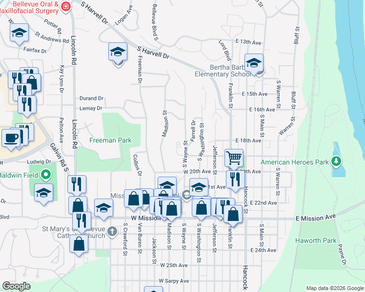 map of restaurants, bars, coffee shops, grocery stores, and more near 1716 Wayne Street in Bellevue