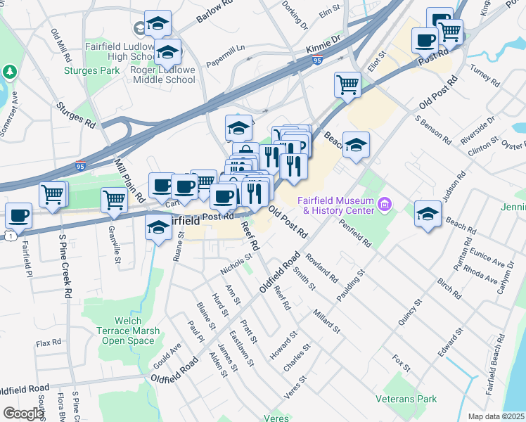 map of restaurants, bars, coffee shops, grocery stores, and more near 1401 Post Road in Fairfield