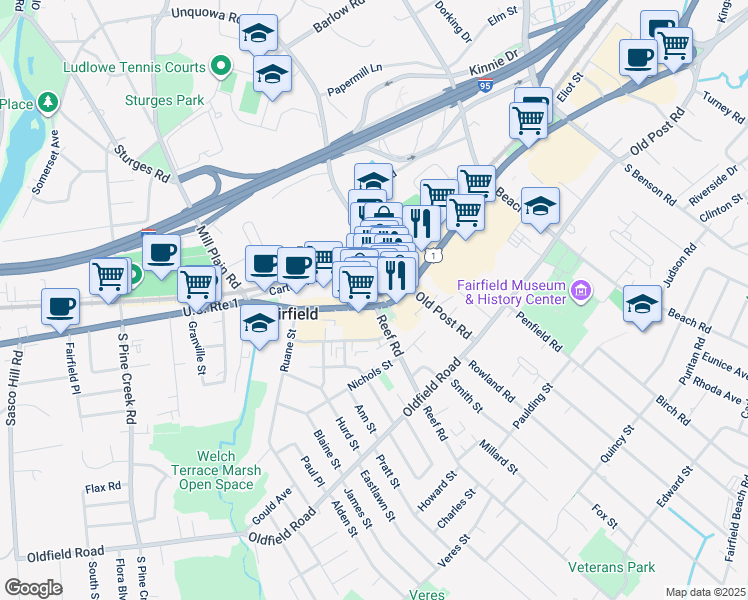 map of restaurants, bars, coffee shops, grocery stores, and more near 43 Unquowa Road in Fairfield