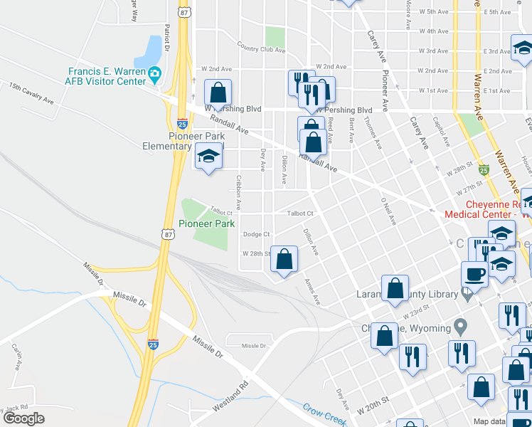 map of restaurants, bars, coffee shops, grocery stores, and more near 1117 Talbot Court in Cheyenne