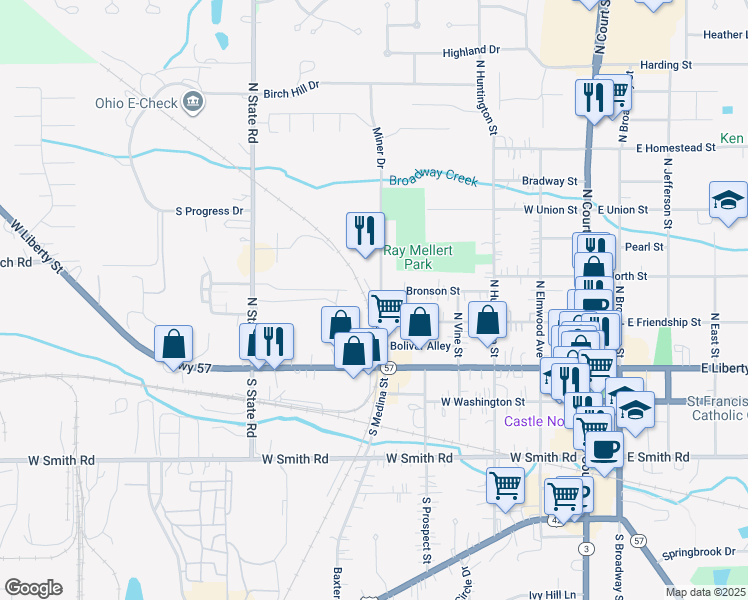 map of restaurants, bars, coffee shops, grocery stores, and more near 250 North Medina Street in Medina