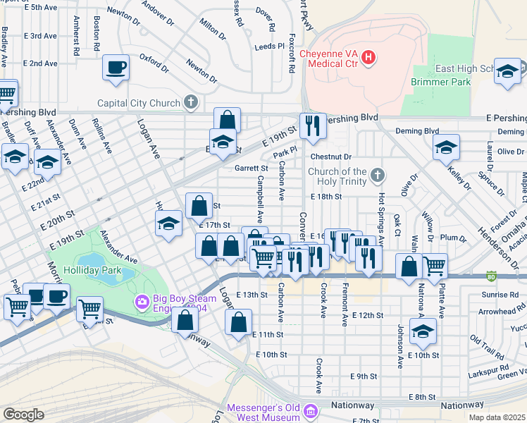 map of restaurants, bars, coffee shops, grocery stores, and more near 1950 East 18th Street in Cheyenne