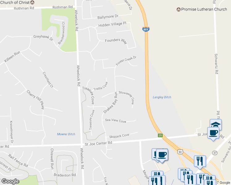 map of restaurants, bars, coffee shops, grocery stores, and more near 6400 Drakes Bay Run in Fort Wayne