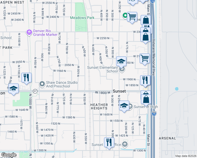 map of restaurants, bars, coffee shops, grocery stores, and more near 390 West 1950 North in Sunset