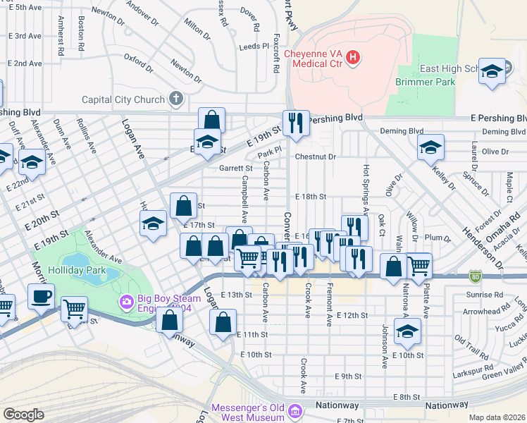 map of restaurants, bars, coffee shops, grocery stores, and more near 2120 East 18th Street in Cheyenne