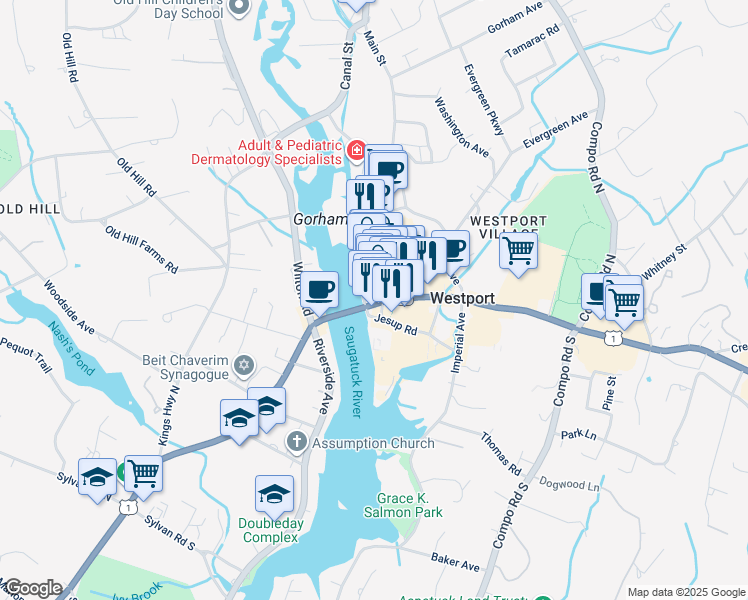 map of restaurants, bars, coffee shops, grocery stores, and more near 49 Main Street in Westport