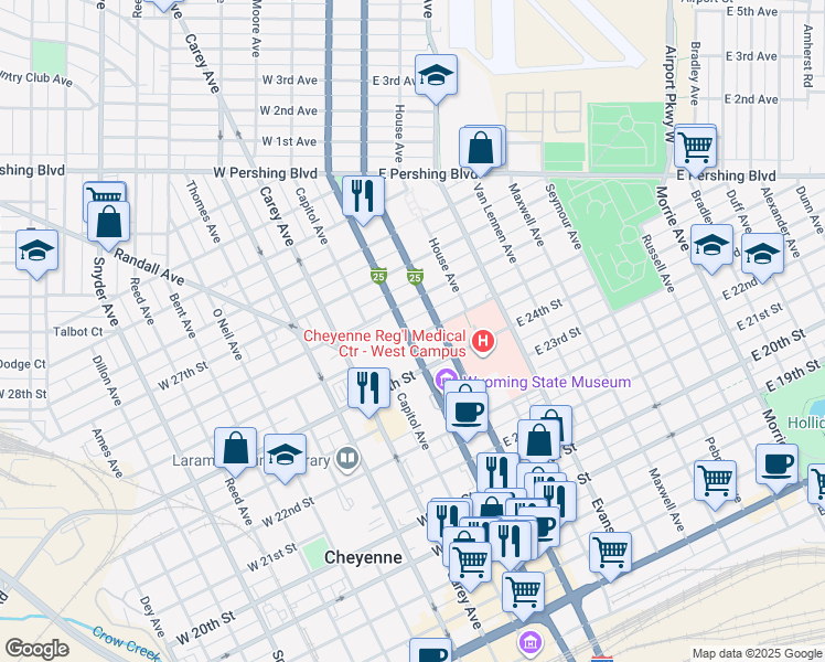 map of restaurants, bars, coffee shops, grocery stores, and more near 102 West 26th Street in Cheyenne