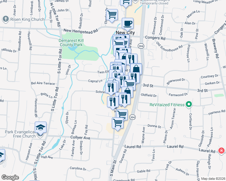 map of restaurants, bars, coffee shops, grocery stores, and more near 179 South Main Street in New City