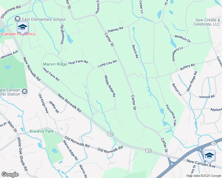 map of restaurants, bars, coffee shops, grocery stores, and more near 66 Middle Ridge Road in New Canaan