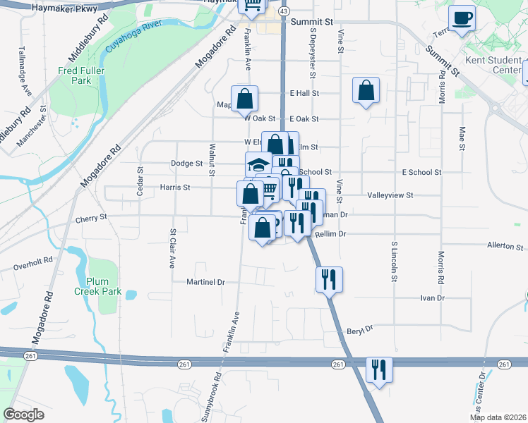 map of restaurants, bars, coffee shops, grocery stores, and more near 1319 Franklin Avenue in Kent