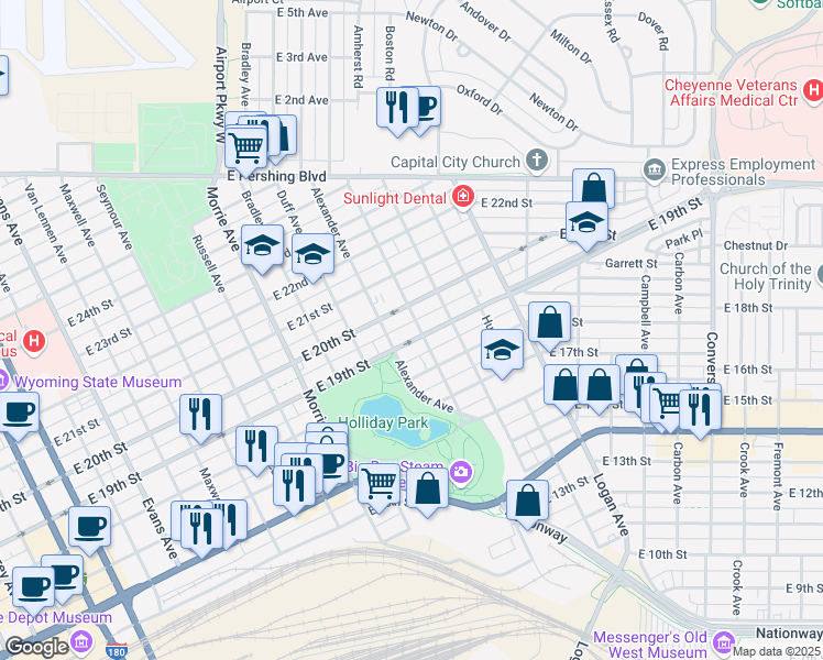 map of restaurants, bars, coffee shops, grocery stores, and more near 1319 East 20th Street in Cheyenne