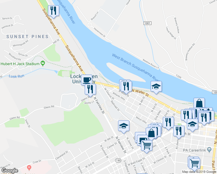 map of restaurants, bars, coffee shops, grocery stores, and more near 611-625 West Water Street in Lock Haven