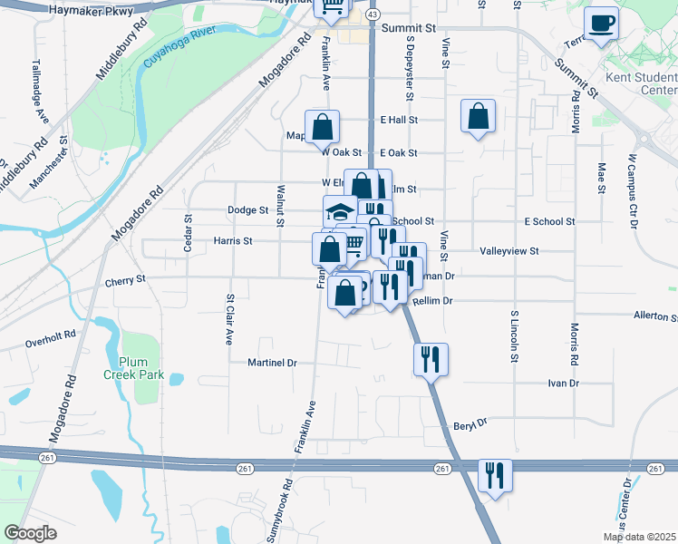 map of restaurants, bars, coffee shops, grocery stores, and more near 1319 Franklin Avenue in Kent