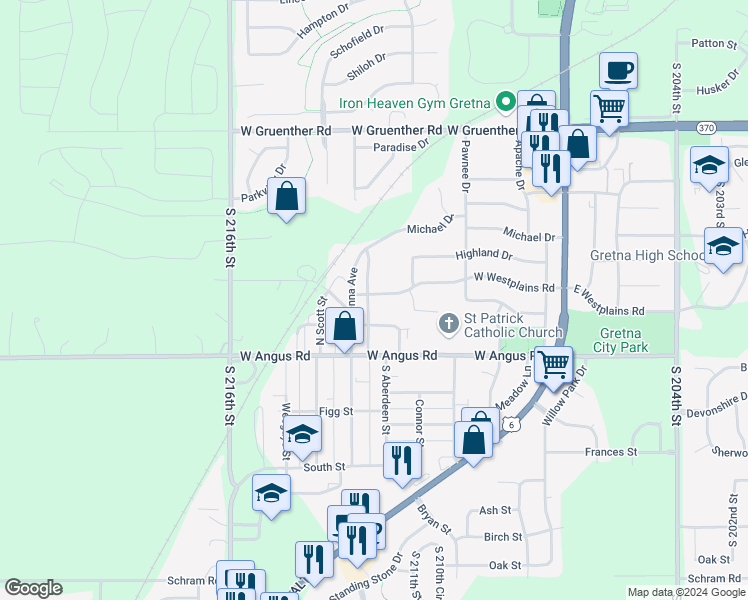 map of restaurants, bars, coffee shops, grocery stores, and more near 602 West Westplains Road in Gretna