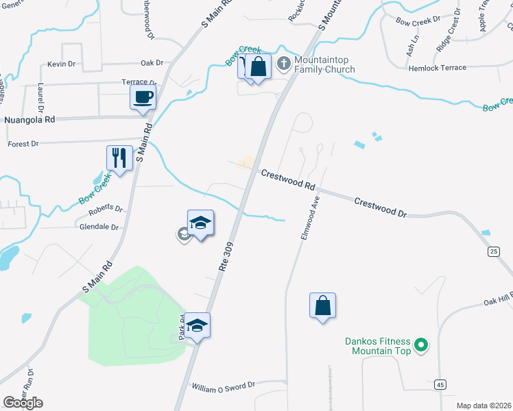 map of restaurants, bars, coffee shops, grocery stores, and more near 264 South Mountain Boulevard in Mountain Top