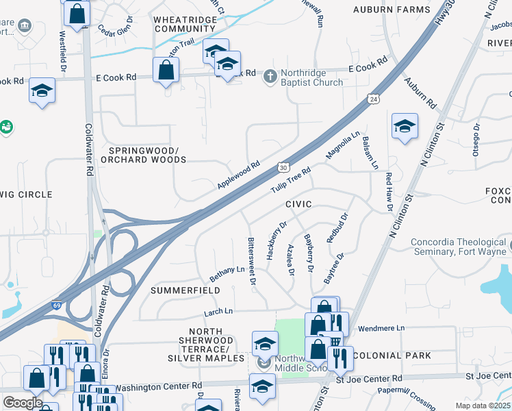 map of restaurants, bars, coffee shops, grocery stores, and more near 1128 Tulip Tree Road in Fort Wayne