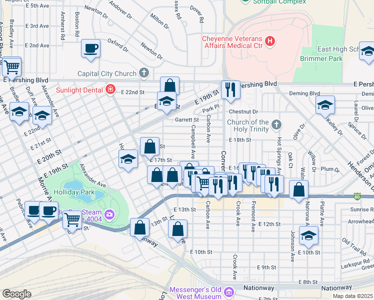 map of restaurants, bars, coffee shops, grocery stores, and more near 1950 East 18th Street in Cheyenne