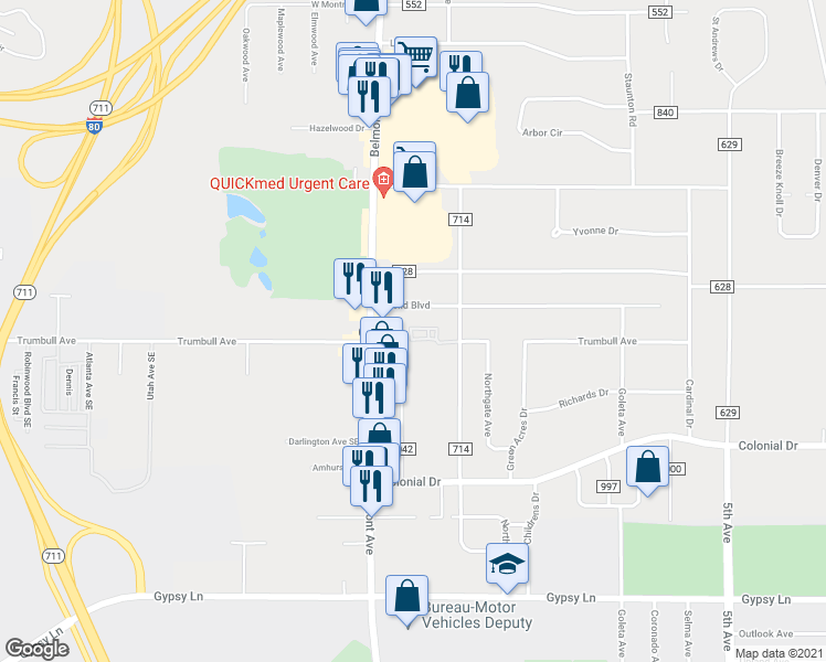 map of restaurants, bars, coffee shops, grocery stores, and more near 20 Trumbull Court in Youngstown