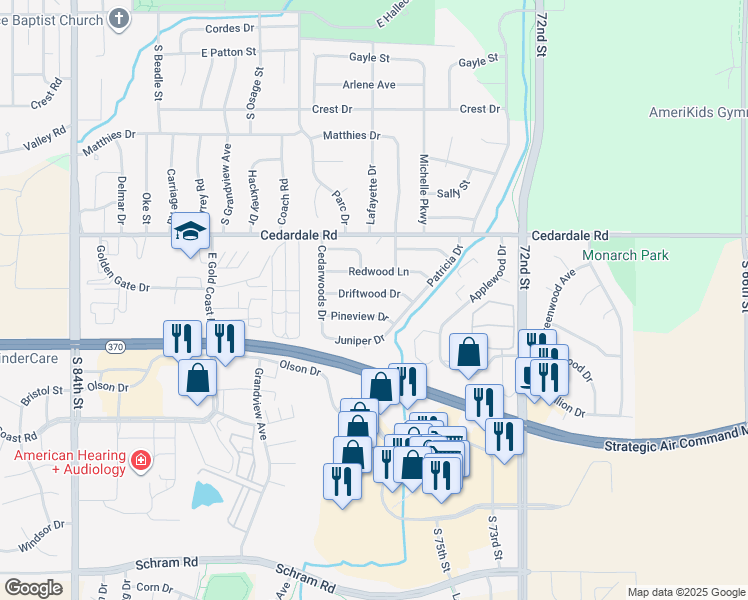 map of restaurants, bars, coffee shops, grocery stores, and more near 817 Driftwood Drive in Papillion