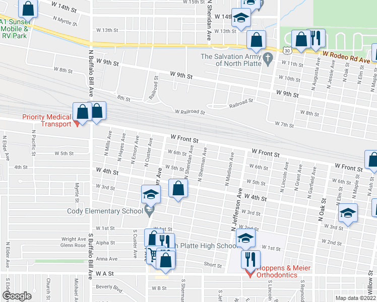 map of restaurants, bars, coffee shops, grocery stores, and more near 618 North Sheridan Avenue in North Platte