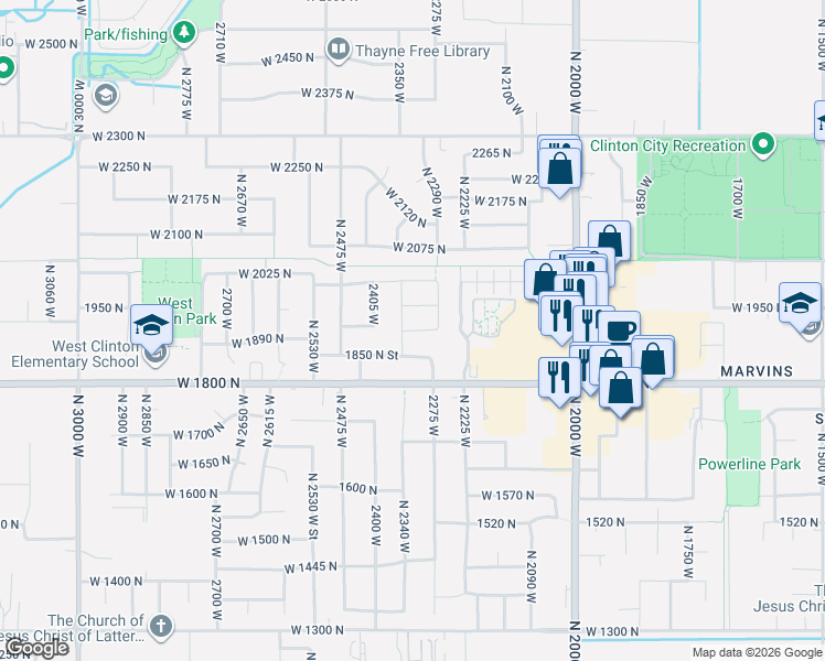 map of restaurants, bars, coffee shops, grocery stores, and more near West 1910 North in Clinton