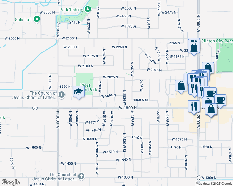map of restaurants, bars, coffee shops, grocery stores, and more near 2582 West 1890 North in Clinton